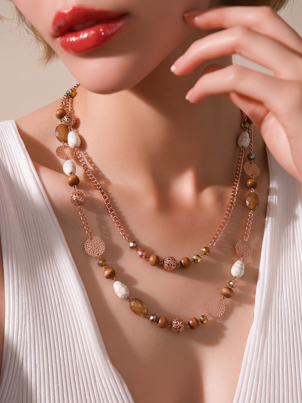 Bocar Long Necklace Boho Layered Crystal Beaded Collar 